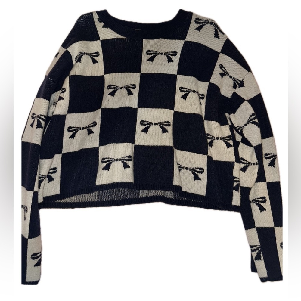 Navy Blue and White Checkered Sweater with Bow Design